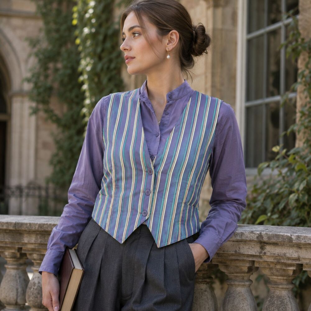 Y2K 100% Silk Old Money Academia Preppy Stripe Pastel Feminine Top Lightweight